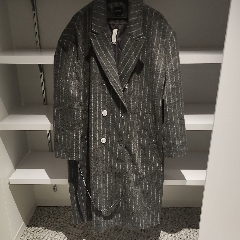 Boohoo Women's Oversized Charcoal Pinstripe Trench Coat Size 16